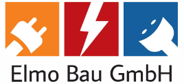 Logo - Elmo Bau GmbH - Drei unterschiedlich farbige Quadrate nebeneinander angeordnet, die Icons zum Thema Elekto beinhalten.
